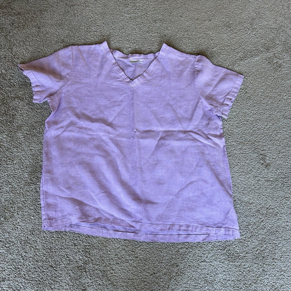 Vintage Allen Allen USA Women's 100% Linen Pink Shirt V Neck Made In USA Large